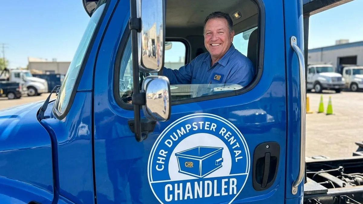 CHR Dumpster Rental Chandler roll-off truck delivering in Chandler, AZ CHR Dumpster Rental Chandler roll-off truck delivering in Chandler, AZ